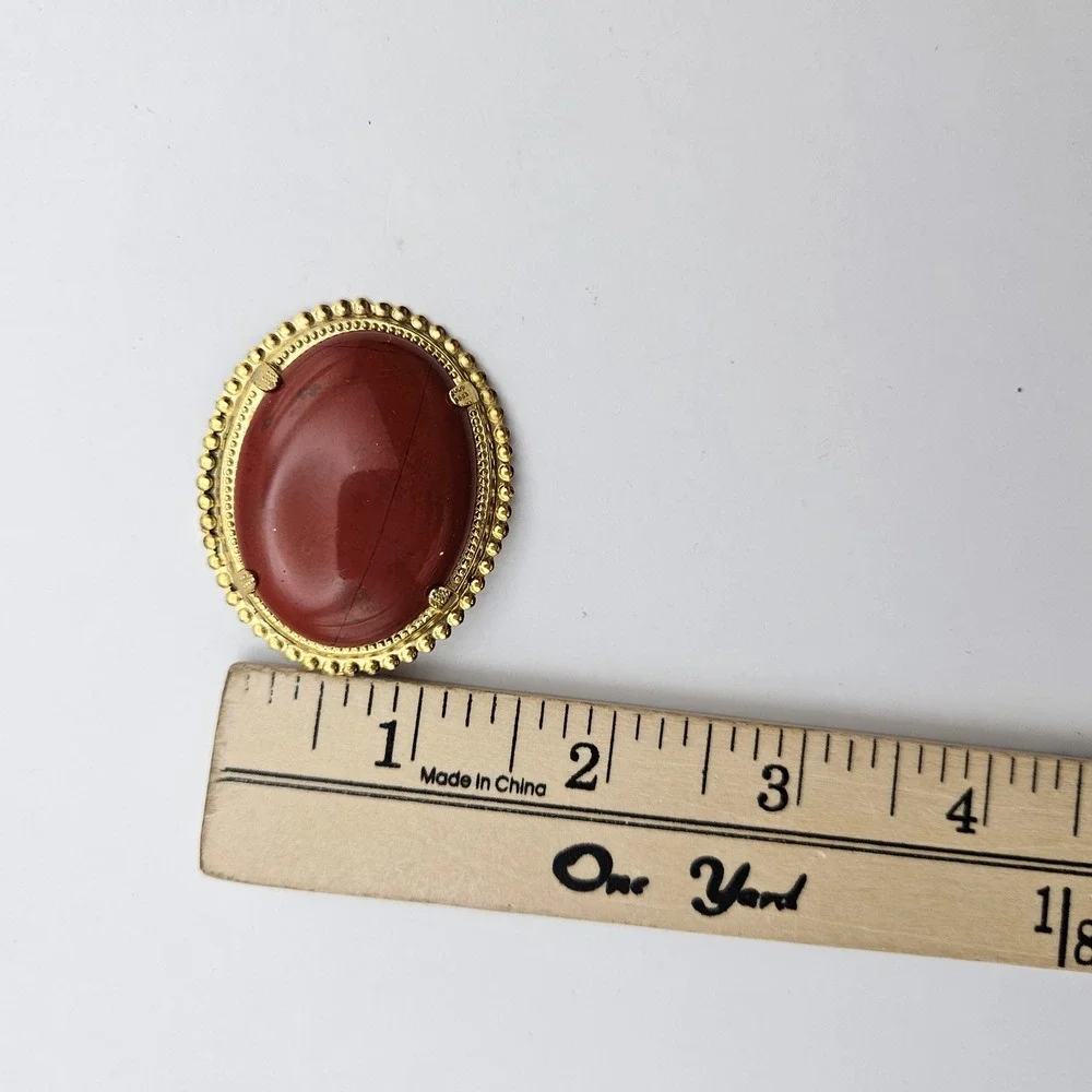 Vintage Orange Stone Oval Brooch Pendant Gold Tone Beaded Frame Victorian Style